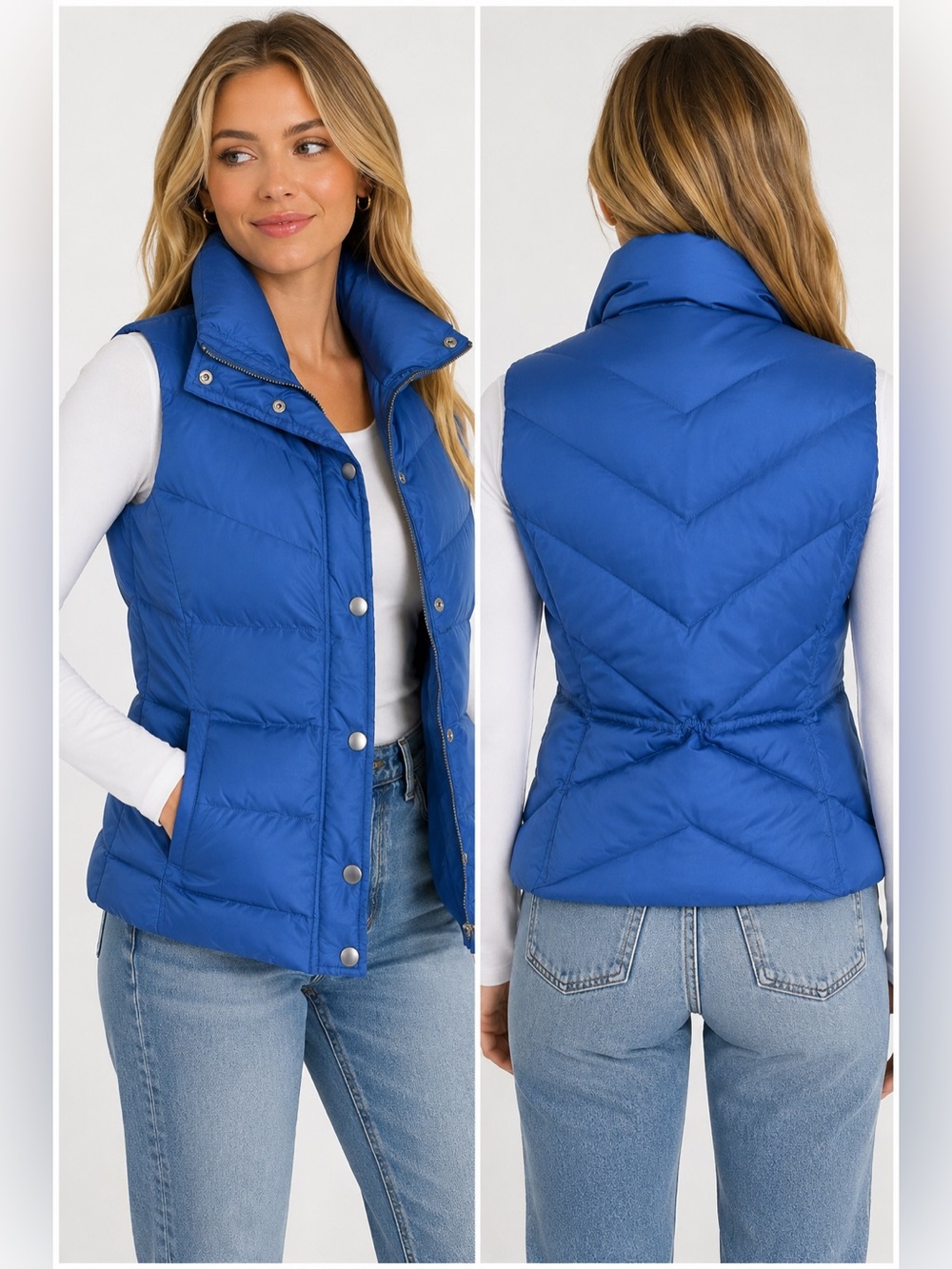 J.Crew Blue Down Puffer Vest Women’s Medium Zip Snap Front Lightweight